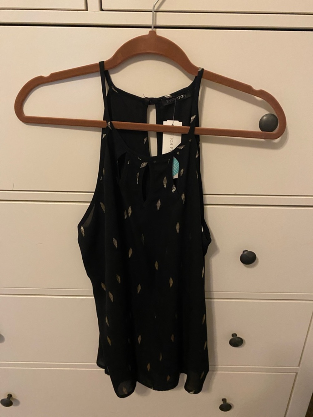 Papermoon Black Halter Camisole with Metallic Gold Leaf Print